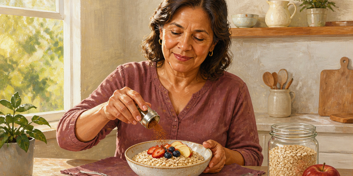 Mujer adulta en la cocina espolvoreando un ingrediente sobre un cuenco de avena con fruta, junto a un frasco de copos de avena y una manzana.