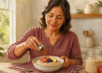 Mujer adulta en la cocina espolvoreando un ingrediente sobre un cuenco de avena con fruta, junto a un frasco de copos de avena y una manzana.