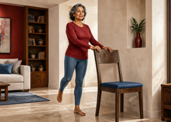 Mujer mayor realiza un ejercicio de equilibrio en casa apoyada en el respaldo de una silla, con una pierna levantada hacia atrás en una sala de estar luminosa.