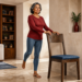 Mujer mayor realiza un ejercicio de equilibrio en casa apoyada en el respaldo de una silla, con una pierna levantada hacia atrás en una sala de estar luminosa.
