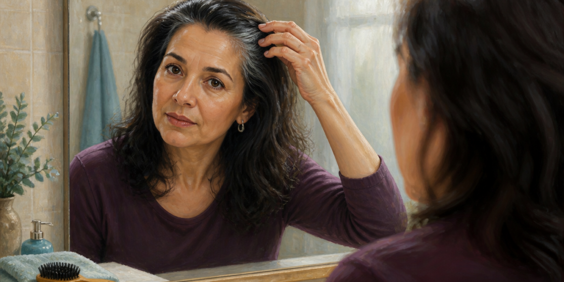 Mujer de mediana edad se mira en el espejo del baño mientras separa el cabello con la mano para observar varias canas visibles cerca de la sien y la parte superior de la cabeza.