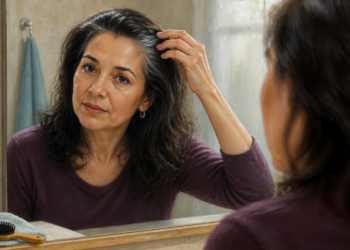 Mujer de mediana edad se mira en el espejo del baño mientras separa el cabello con la mano para observar varias canas visibles cerca de la sien y la parte superior de la cabeza.