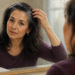 Mujer de mediana edad se mira en el espejo del baño mientras separa el cabello con la mano para observar varias canas visibles cerca de la sien y la parte superior de la cabeza.