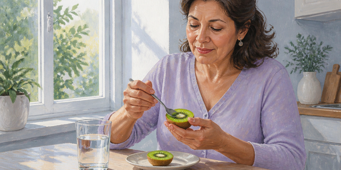 Mujer comiendo medio kiwi verde con una cuchara en una cocina luminosa, con otro medio kiwi sobre un plato y un vaso de agua en la mesa.