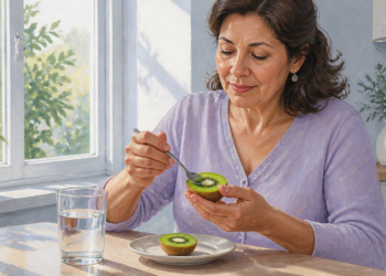 Mujer comiendo medio kiwi verde con una cuchara en una cocina luminosa, con otro medio kiwi sobre un plato y un vaso de agua en la mesa.