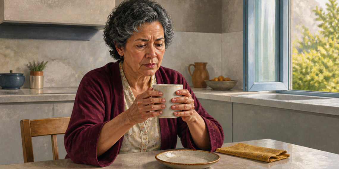 Mujer mayor sentada a la mesa de la cocina sostiene una taza caliente con ambas manos y observa sus dedos con gesto de incomodidad durante la mañana.