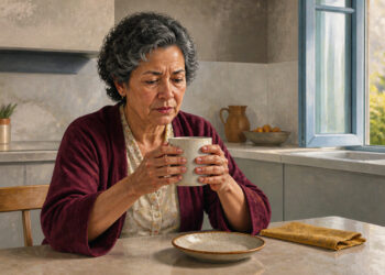 Mujer mayor sentada a la mesa de la cocina sostiene una taza caliente con ambas manos y observa sus dedos con gesto de incomodidad durante la mañana.