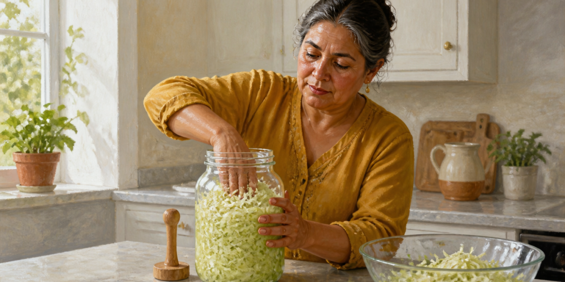 Mujer preparando col rallada en un frasco de vidrio para fermentarla, con un cuenco de col y un utensilio de madera sobre la encimera de una cocina.