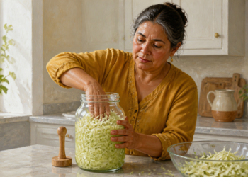Mujer preparando col rallada en un frasco de vidrio para fermentarla, con un cuenco de col y un utensilio de madera sobre la encimera de una cocina.