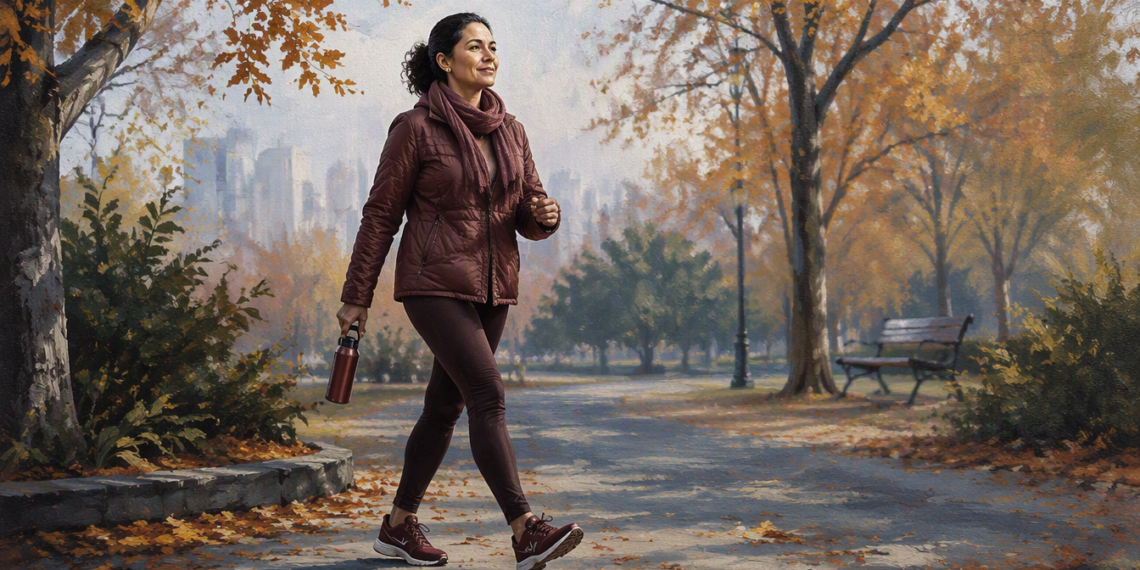 Mujer caminando por un parque en otoño, abrigada con chaqueta y bufanda y llevando una botella reutilizable, entre árboles con hojas anaranjadas.