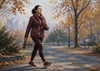 Mujer caminando por un parque en otoño, abrigada con chaqueta y bufanda y llevando una botella reutilizable, entre árboles con hojas anaranjadas.