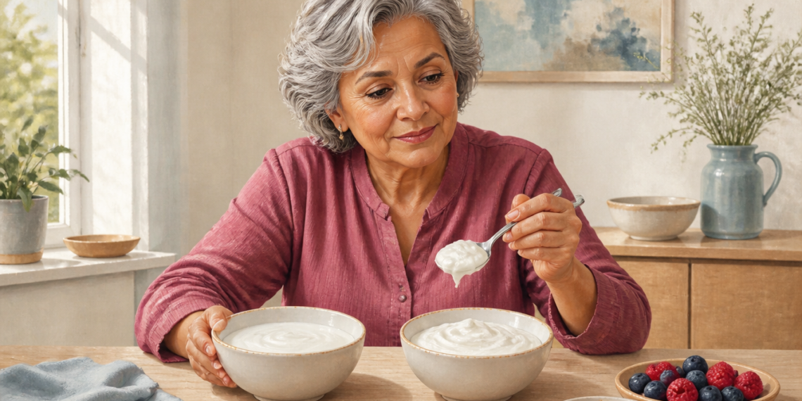 Mujer mayor sentada a una mesa comparando dos boles de yogur blanco mientras sostiene una cucharada, acompañada de frutos rojos, arándanos y nueces.