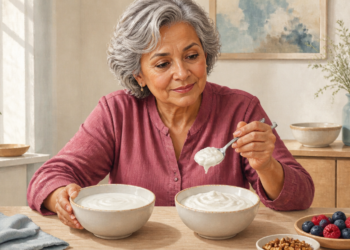 Mujer mayor sentada a una mesa comparando dos boles de yogur blanco mientras sostiene una cucharada, acompañada de frutos rojos, arándanos y nueces.