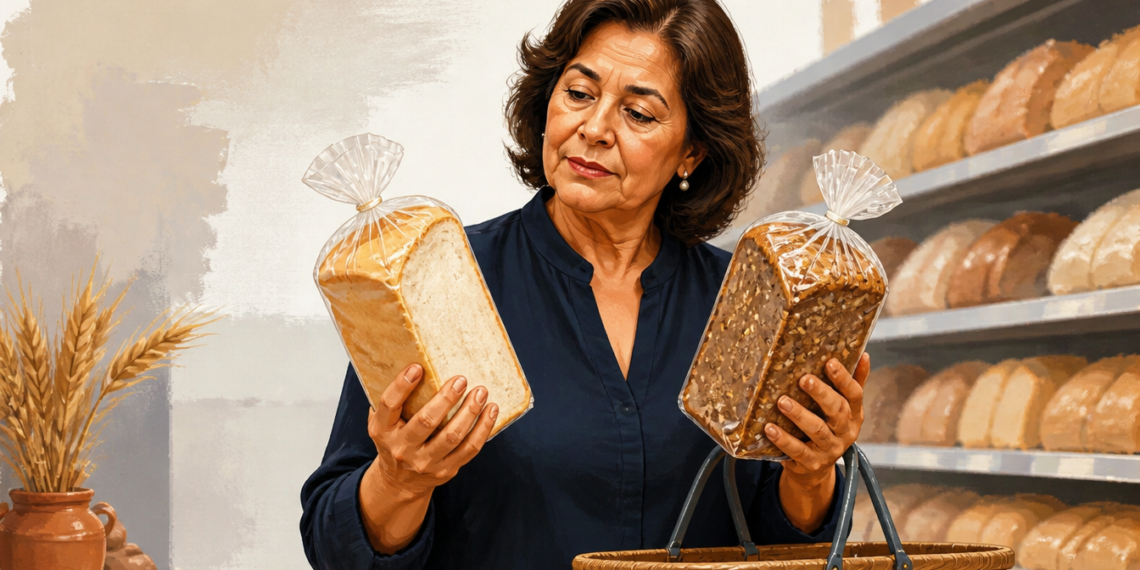 Mujer de mediana edad compara dos panes envasados, uno blanco y otro integral con semillas, mientras se encuentra frente a estantes de una panadería.