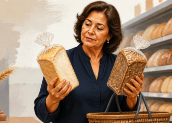 Mujer de mediana edad compara dos panes envasados, uno blanco y otro integral con semillas, mientras se encuentra frente a estantes de una panadería.