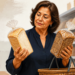 Mujer de mediana edad compara dos panes envasados, uno blanco y otro integral con semillas, mientras se encuentra frente a estantes de una panadería.