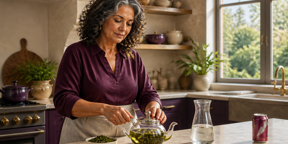 Mujer madura prepara una infusión en una tetera de vidrio sobre la encimera de una cocina, junto a hierbas secas, una jarra de agua y una lata de bebida.
