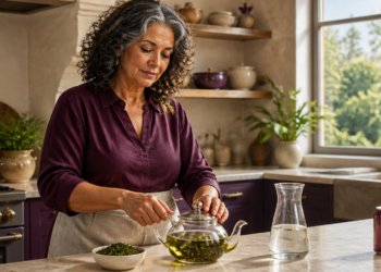 Mujer madura prepara una infusión en una tetera de vidrio sobre la encimera de una cocina, junto a hierbas secas, una jarra de agua y una lata de bebida.