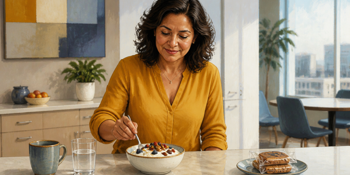 Mujer adulta sentada en una cocina comiendo un bol de yogur con frutos rojos, frutos secos y semillas, junto a un vaso de agua y una taza.