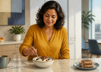 Mujer adulta sentada en una cocina comiendo un bol de yogur con frutos rojos, frutos secos y semillas, junto a un vaso de agua y una taza.