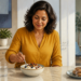 Mujer adulta sentada en una cocina comiendo un bol de yogur con frutos rojos, frutos secos y semillas, junto a un vaso de agua y una taza.