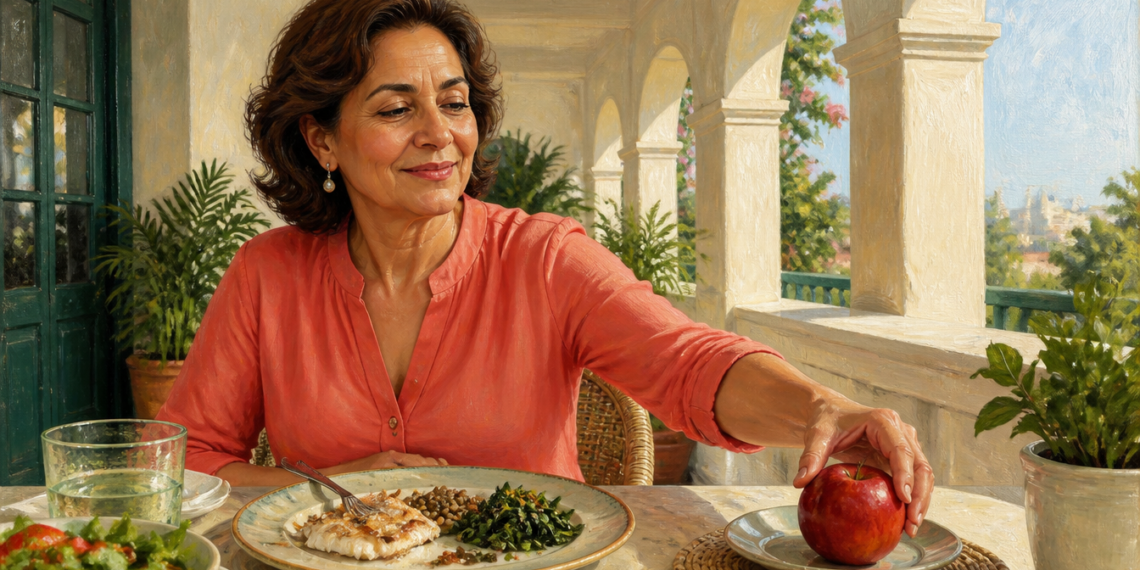 Mujer de mediana edad sentada a la mesa durante una comida, con pescado, legumbres y verduras en el plato, mientras toma una manzana roja con la mano.