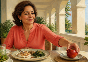 Mujer de mediana edad sentada a la mesa durante una comida, con pescado, legumbres y verduras en el plato, mientras toma una manzana roja con la mano.