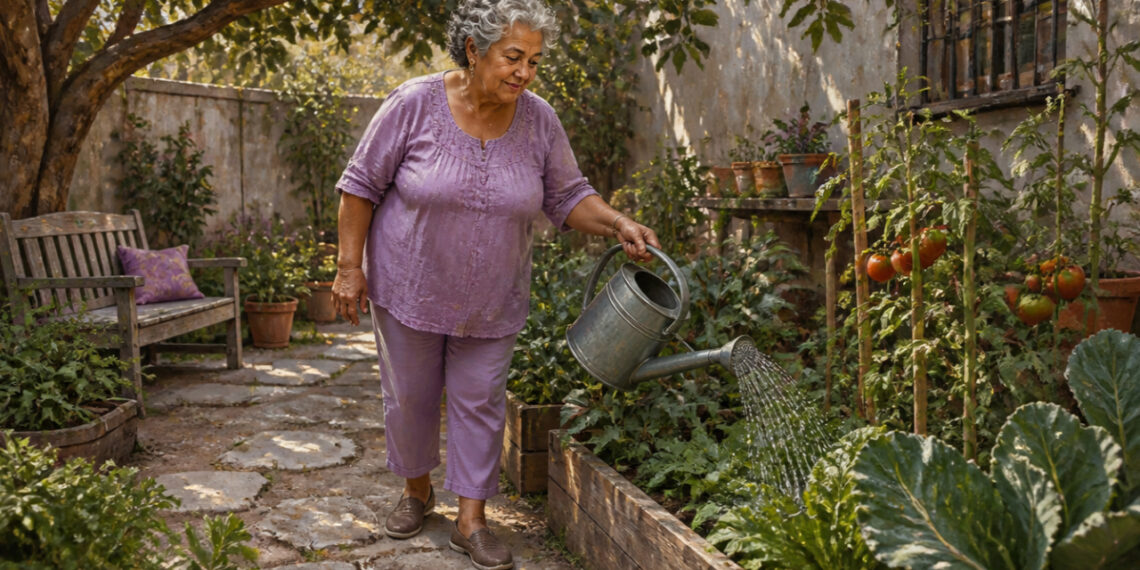 Mujer mayor regando con una regadera metálica un huerto doméstico con plantas y tomates, mientras camina por un jardín exterior.