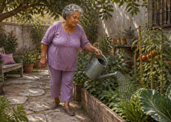 Mujer mayor regando con una regadera metálica un huerto doméstico con plantas y tomates, mientras camina por un jardín exterior.