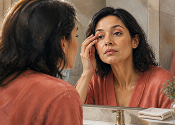 Mujer frente al espejo en el baño tocándose el párpado con la mano mientras observa su ojo, junto a un lavabo y una toalla.