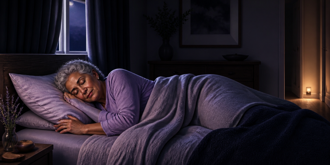 Mujer mayor durmiendo de lado en una cama durante la noche, arropada con mantas y apoyada sobre una almohada en una habitación oscura y tranquila.
