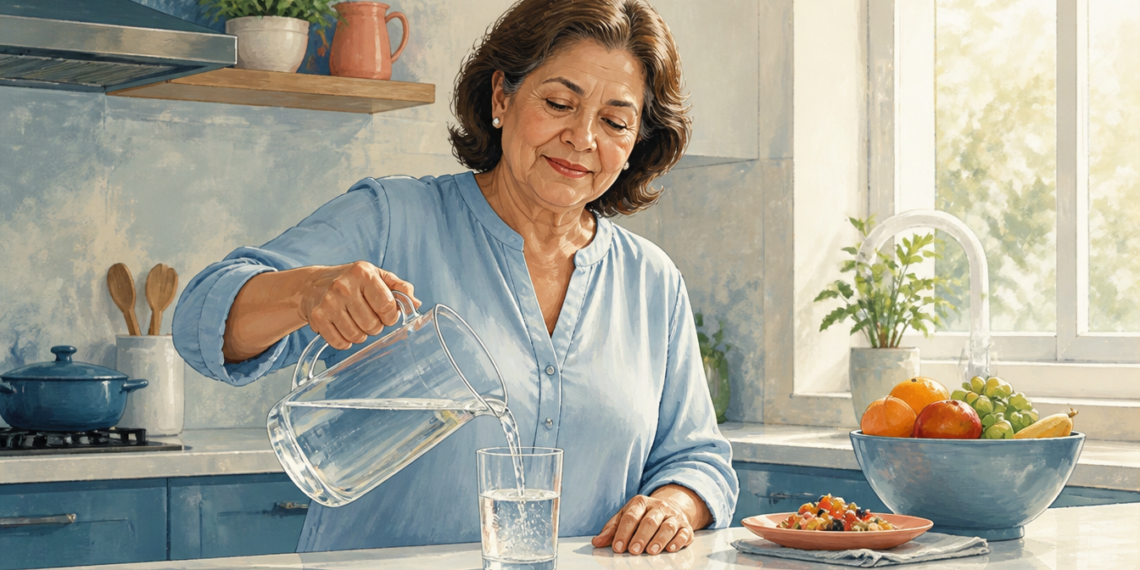 Mujer mayor en una cocina luminosa sirviendo agua desde una jarra de vidrio en un vaso, junto a frutas y alimentos sobre la encimera.