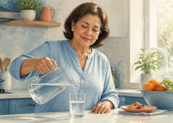 Mujer mayor en una cocina luminosa sirviendo agua desde una jarra de vidrio en un vaso, junto a frutas y alimentos sobre la encimera.