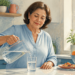 Mujer mayor en una cocina luminosa sirviendo agua desde una jarra de vidrio en un vaso, junto a frutas y alimentos sobre la encimera.