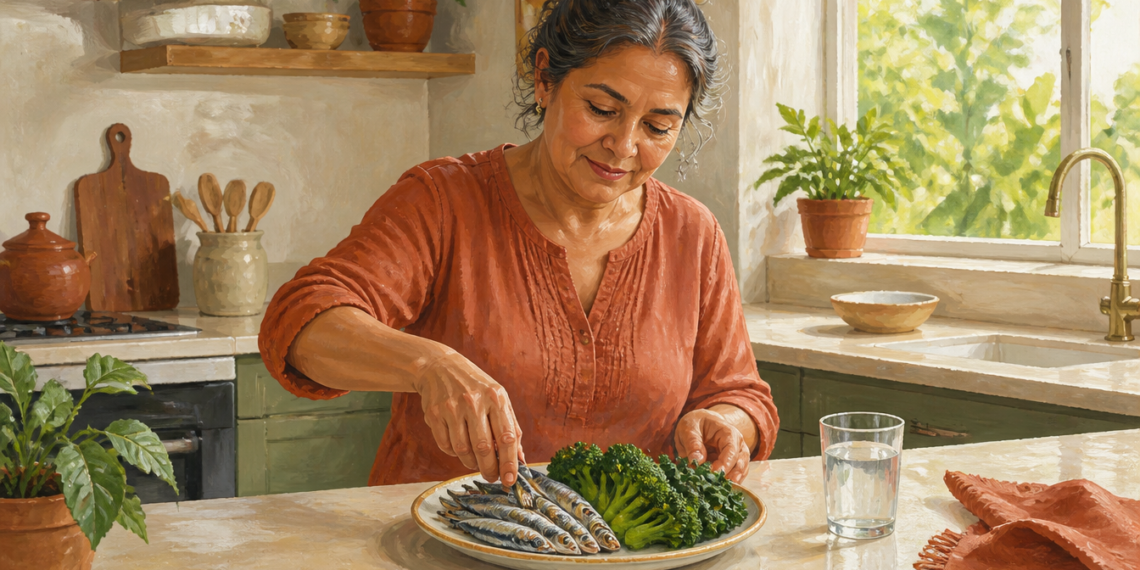 Mujer de mediana edad prepara un plato con pescado pequeño y verduras verdes en una cocina luminosa, junto a un vaso de agua sobre la encimera.