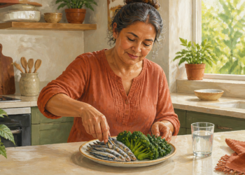 Mujer de mediana edad prepara un plato con pescado pequeño y verduras verdes en una cocina luminosa, junto a un vaso de agua sobre la encimera.