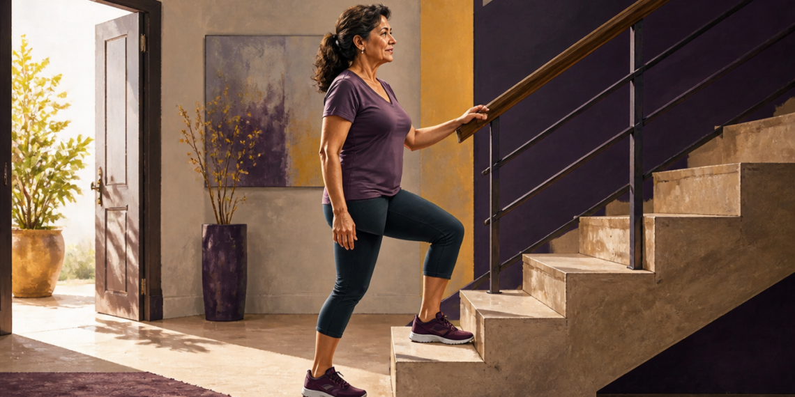 Mujer de mediana edad sube un escalón apoyándose en la barandilla, con ropa deportiva y zapatillas, dentro de una vivienda luminosa.