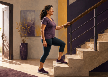 Mujer de mediana edad sube un escalón apoyándose en la barandilla, con ropa deportiva y zapatillas, dentro de una vivienda luminosa.