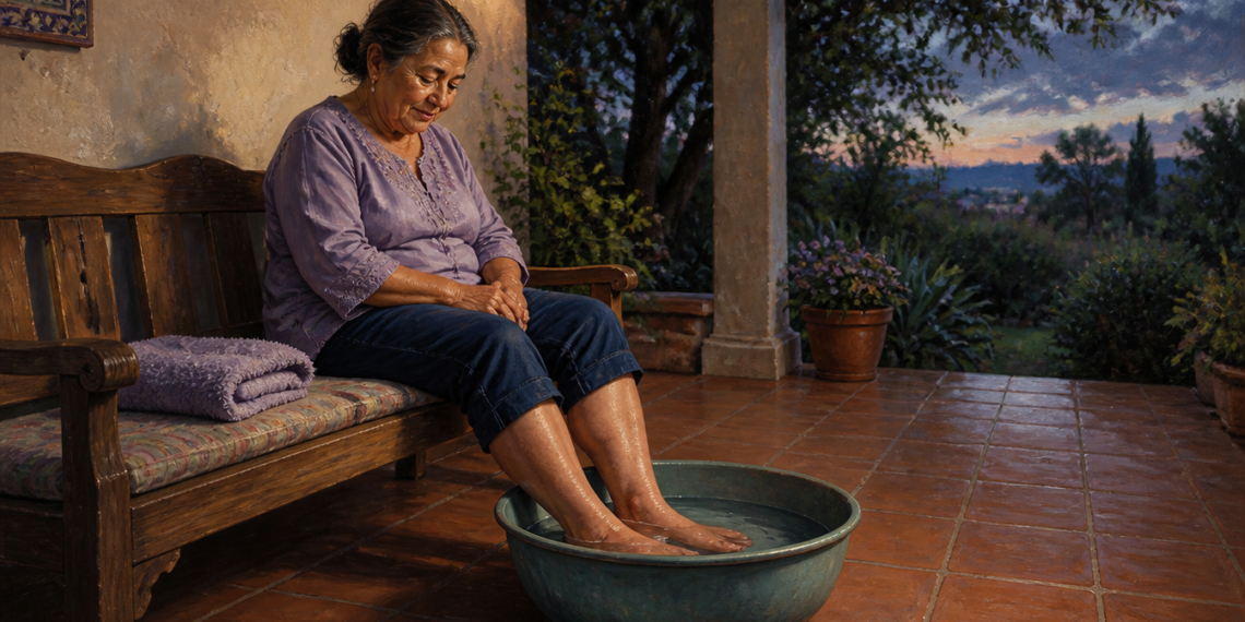 Mujer mayor sentada en un banco de madera con los pies sumergidos en un recipiente con agua, en una terraza al aire libre al final del día.