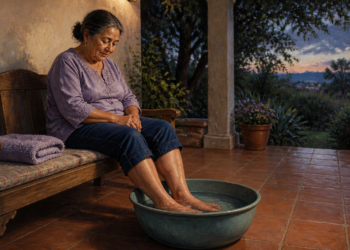 Mujer mayor sentada en un banco de madera con los pies sumergidos en un recipiente con agua, en una terraza al aire libre al final del día.