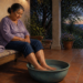 Mujer mayor sentada en un banco de madera con los pies sumergidos en un recipiente con agua, en una terraza al aire libre al final del día.