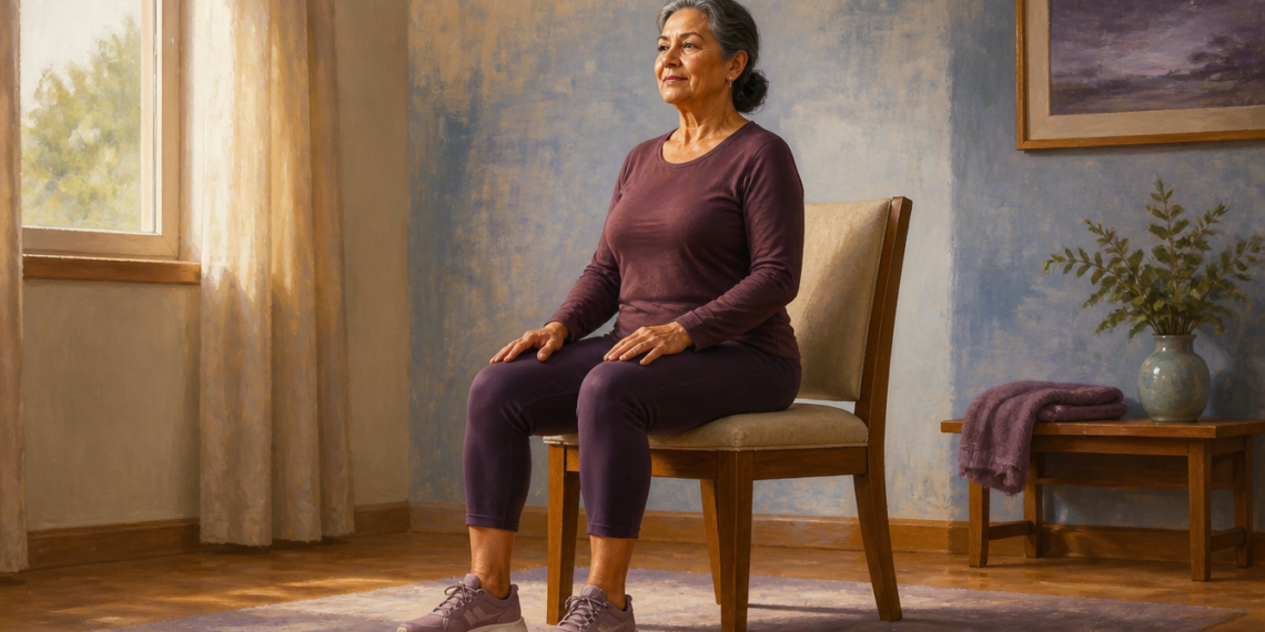 Mujer mayor sentada erguida en una silla, con las manos apoyadas sobre los muslos, en una habitación luminosa y preparada para realizar ejercicios suaves en casa.