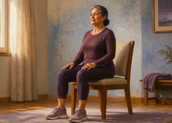 Mujer mayor sentada erguida en una silla, con las manos apoyadas sobre los muslos, en una habitación luminosa y preparada para realizar ejercicios suaves en casa.