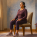 Mujer mayor sentada erguida en una silla, con las manos apoyadas sobre los muslos, en una habitación luminosa y preparada para realizar ejercicios suaves en casa.