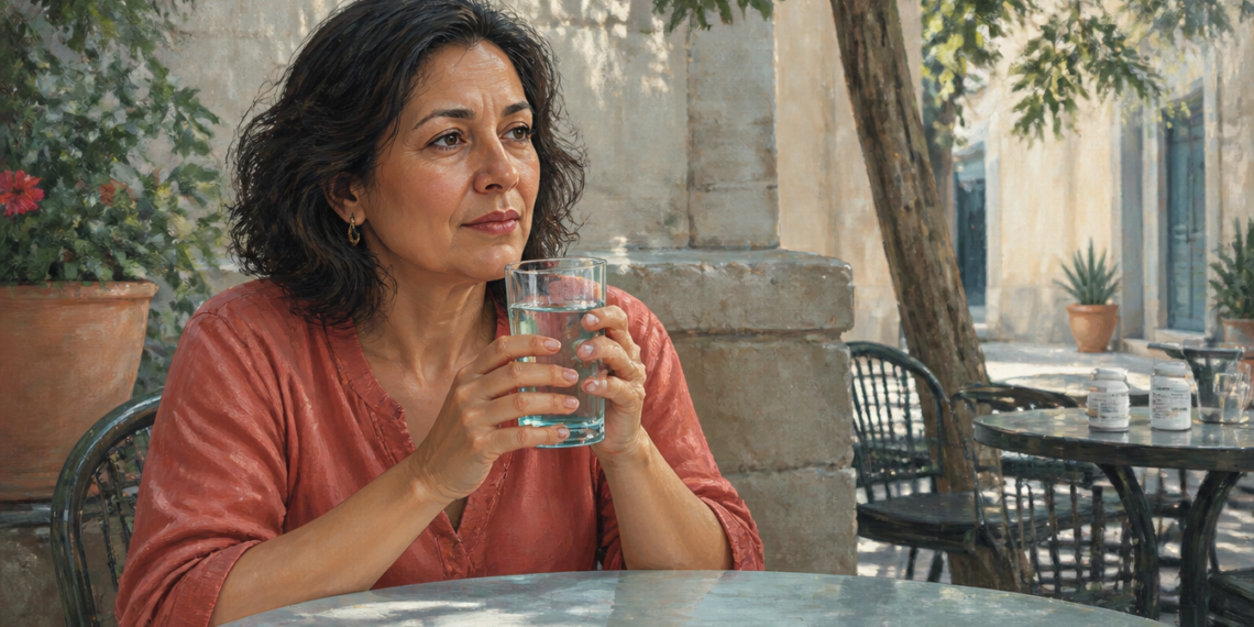 Mujer adulta sosteniendo un vaso de agua con ambas manos mientras está sentada en una terraza exterior, con pequeños frascos sobre una mesa al fondo.