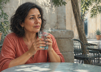 Mujer adulta sosteniendo un vaso de agua con ambas manos mientras está sentada en una terraza exterior, con pequeños frascos sobre una mesa al fondo.