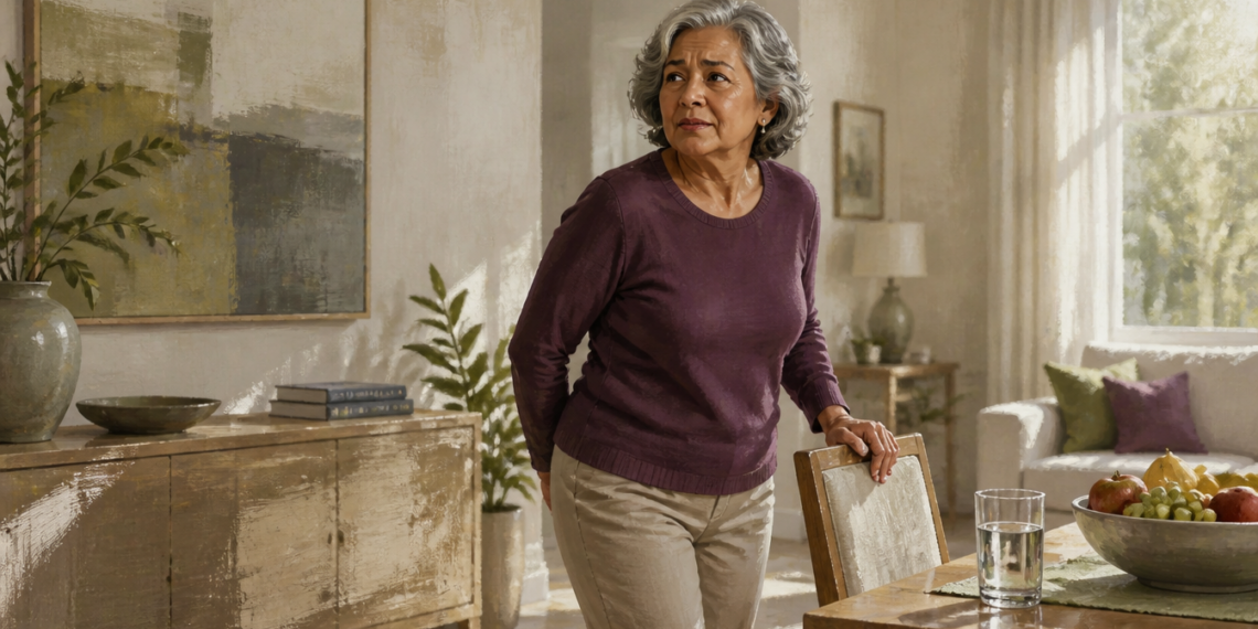 Mujer mayor de pie en el comedor de su casa, apoyada con una mano en una silla y con la otra cerca de la zona lumbar, mostrando una expresión de molestia.