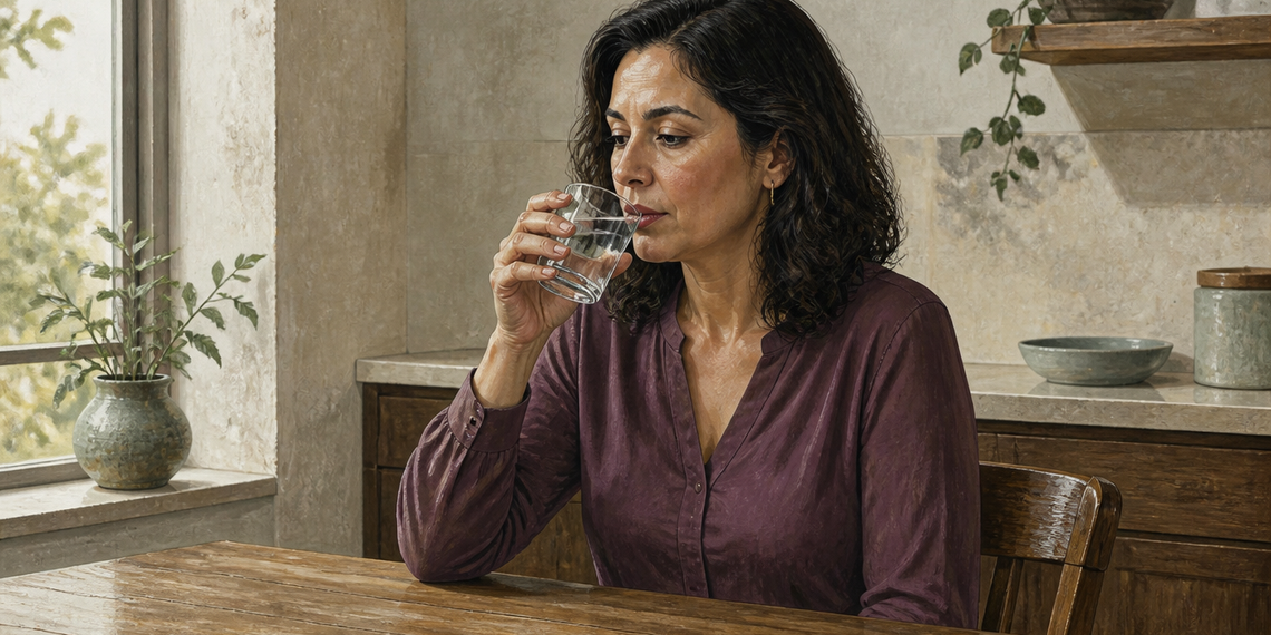 Mujer adulta sentada a una mesa mientras bebe lentamente un vaso de agua en un ambiente doméstico tranquilo y luminoso.