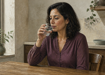 Mujer adulta sentada a una mesa mientras bebe lentamente un vaso de agua en un ambiente doméstico tranquilo y luminoso.