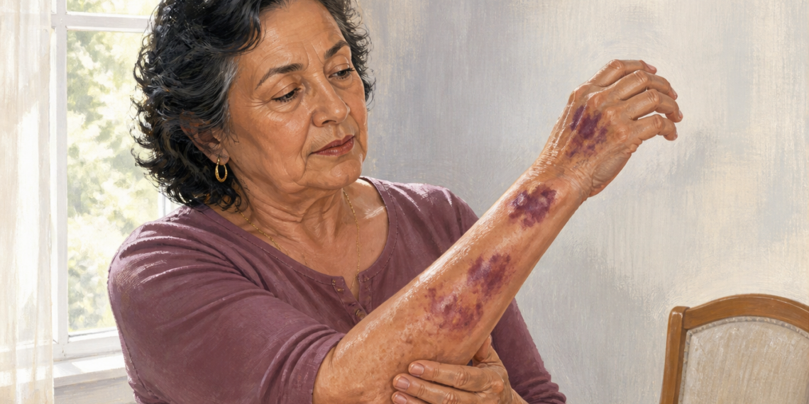 Mujer mayor observa varios moretones de color morado en el antebrazo mientras sostiene el brazo con la otra mano, junto a una ventana iluminada.